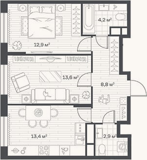 Планировка: 2-к, 55,8 м²