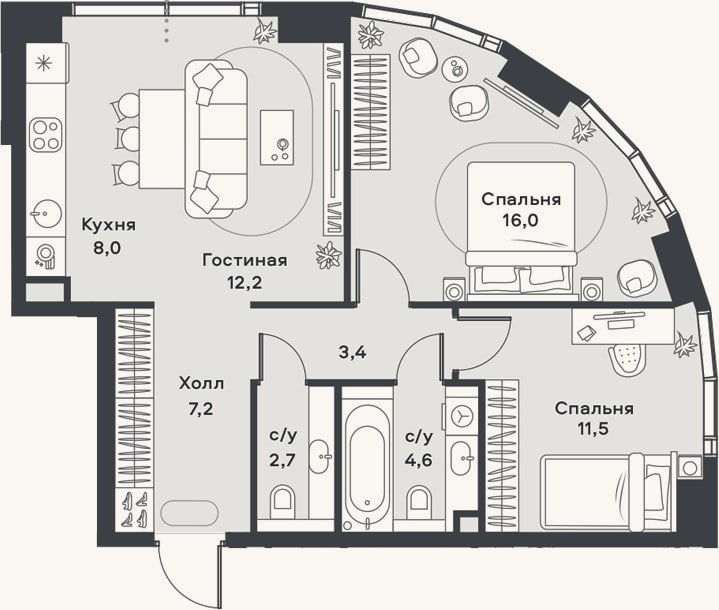 Планировка: 3-к, 65,6 м²