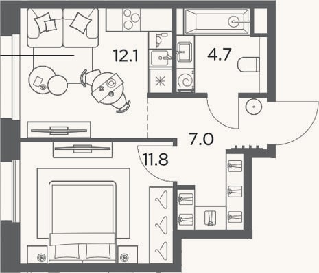 Планировка: 1-к, 35,6 м²