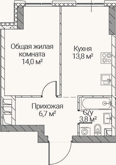 Планировка: 1-к, 38,3 м²