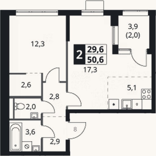 Планировка: 2-к, 48,6 м²