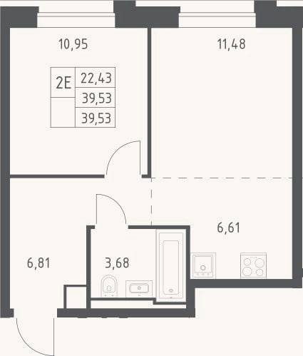 Планировка: 2-к, 39,5 м²