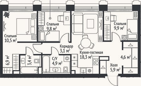 Планировка: 4+ к, 77,3 м²
