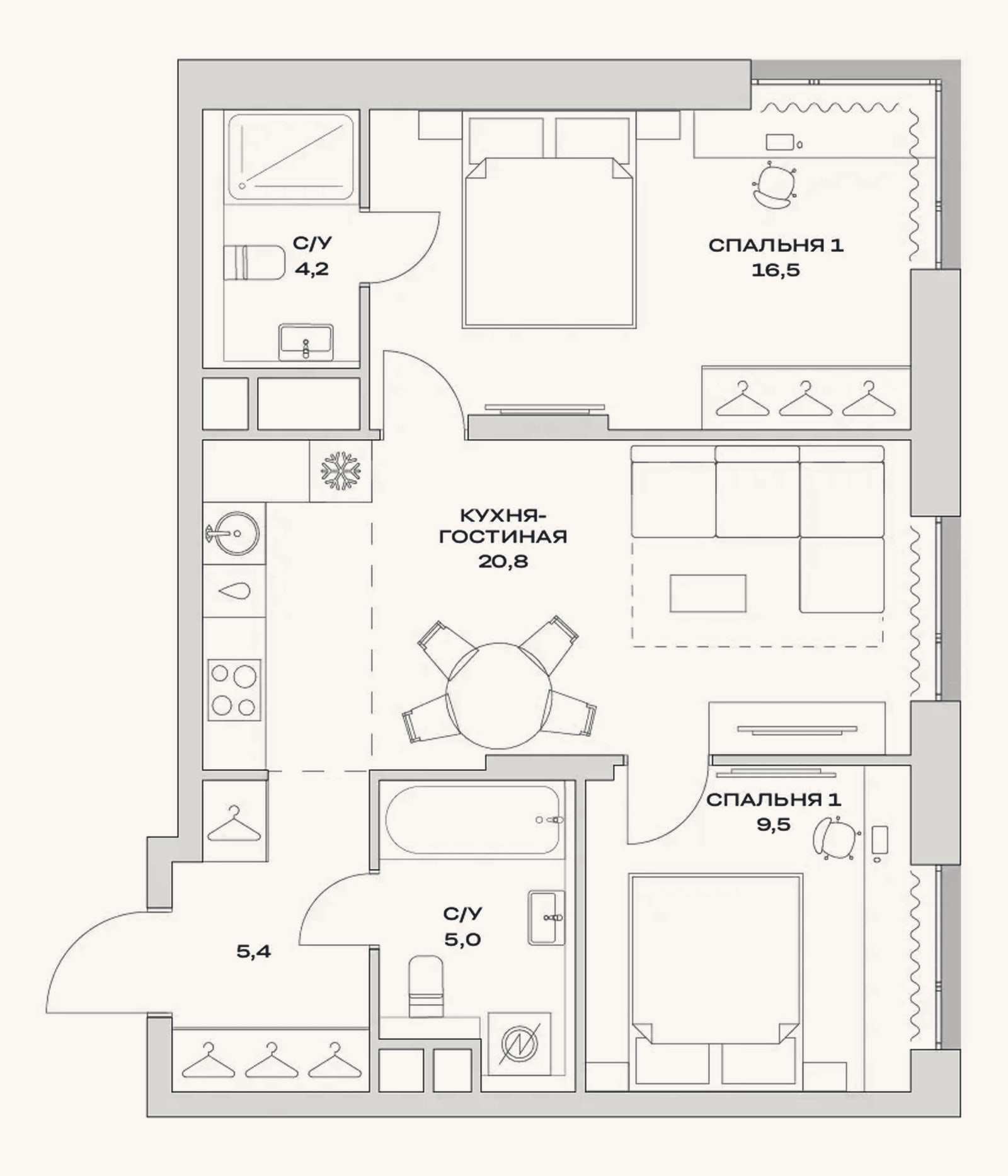 Планировка: 3-к, 61,4 м²