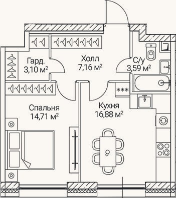 Планировка: 1-к, 45,4 м²