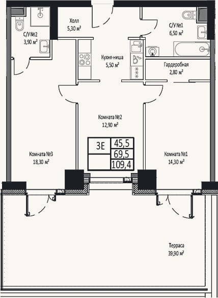 Планировка: 3-к, 69,5 м²