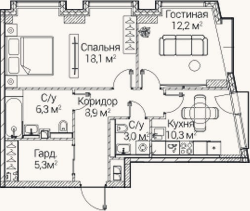 Планировка: 2-к, 64,1 м²