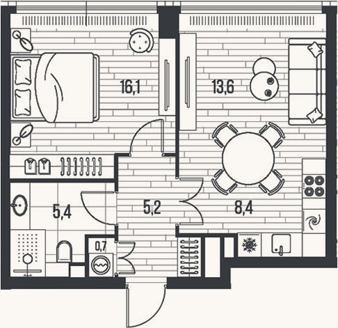 Планировка: 2-к, 49,4 м²