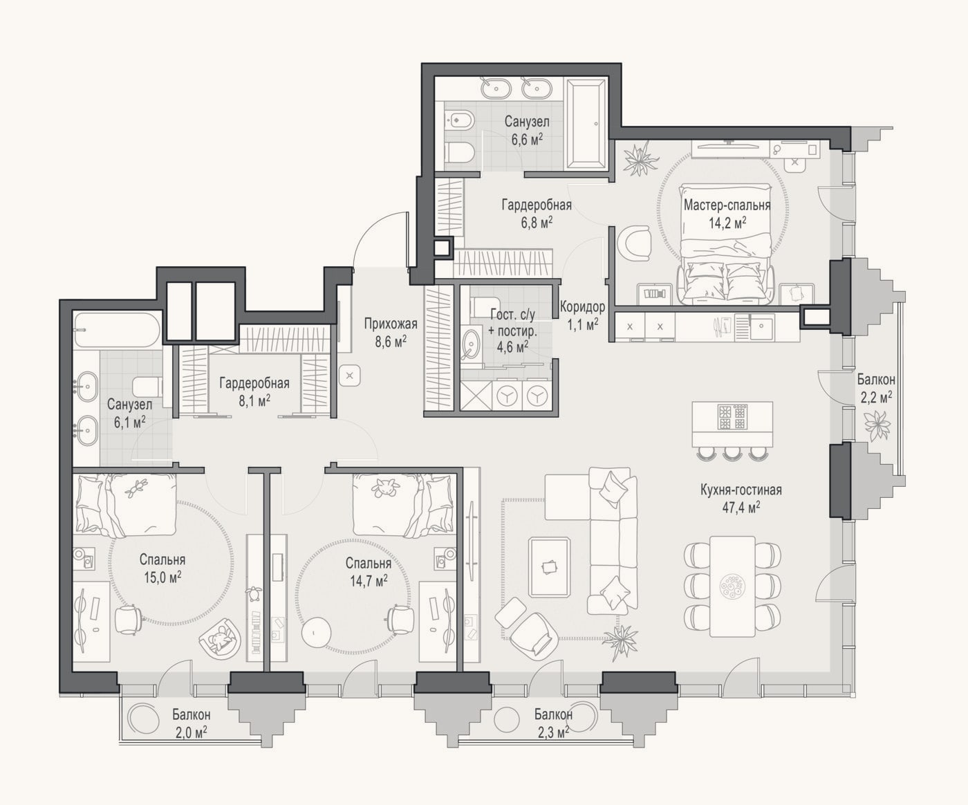 Планировка: 4+ к, 133,7 м²