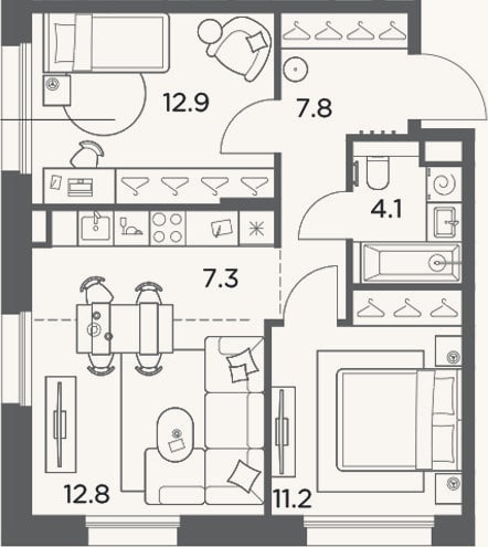 Планировка: 3-к, 56,1 м²