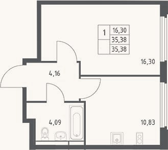 Планировка: 1-к, 35,4 м²