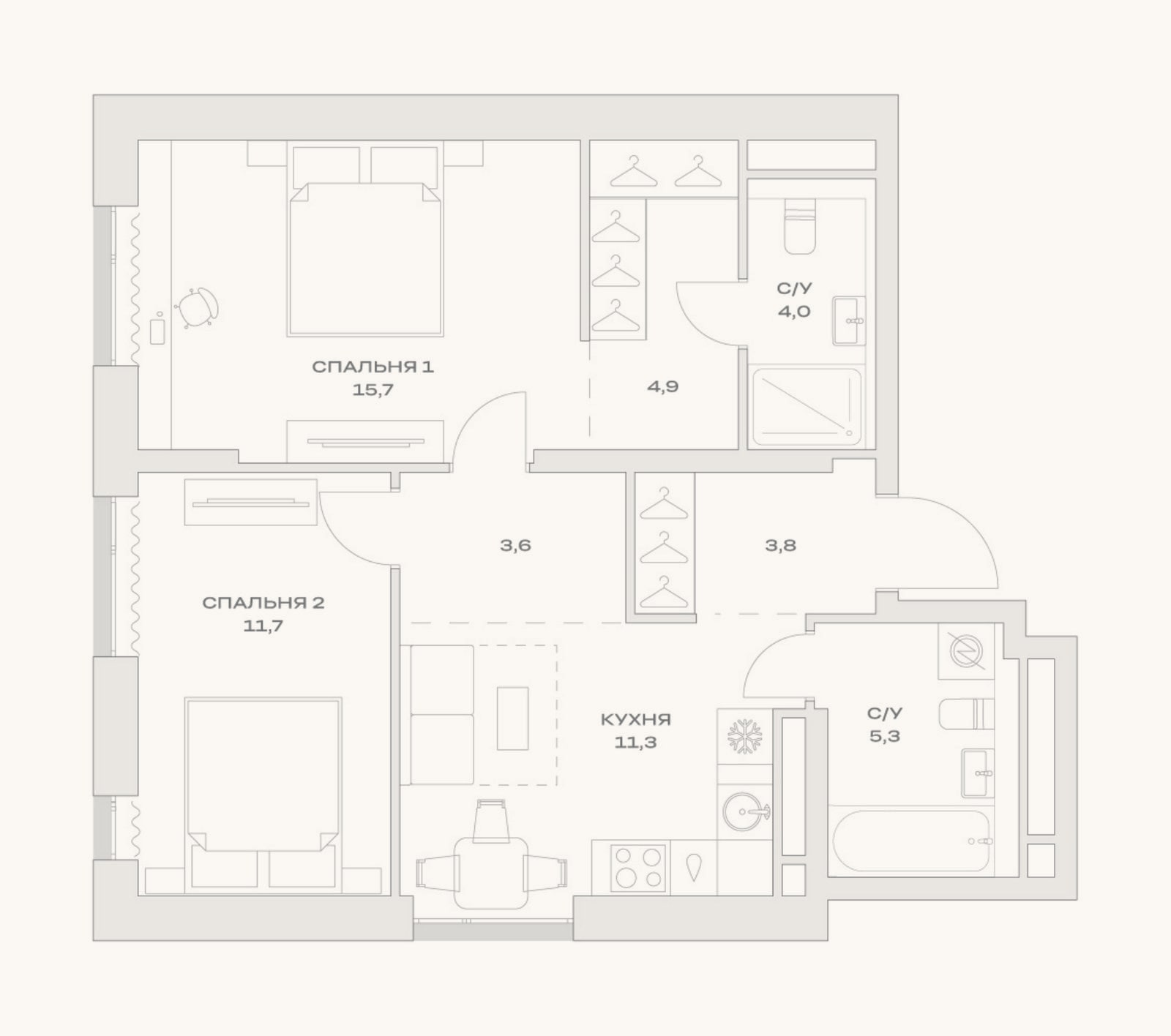 Планировка: 2-к, 60,4 м²
