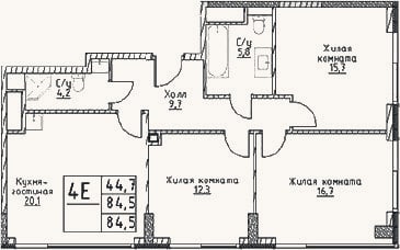 Планировка: 4+ к, 84,5 м²