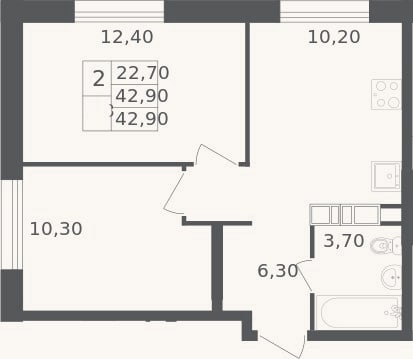Планировка: 2-к, 42,9 м²