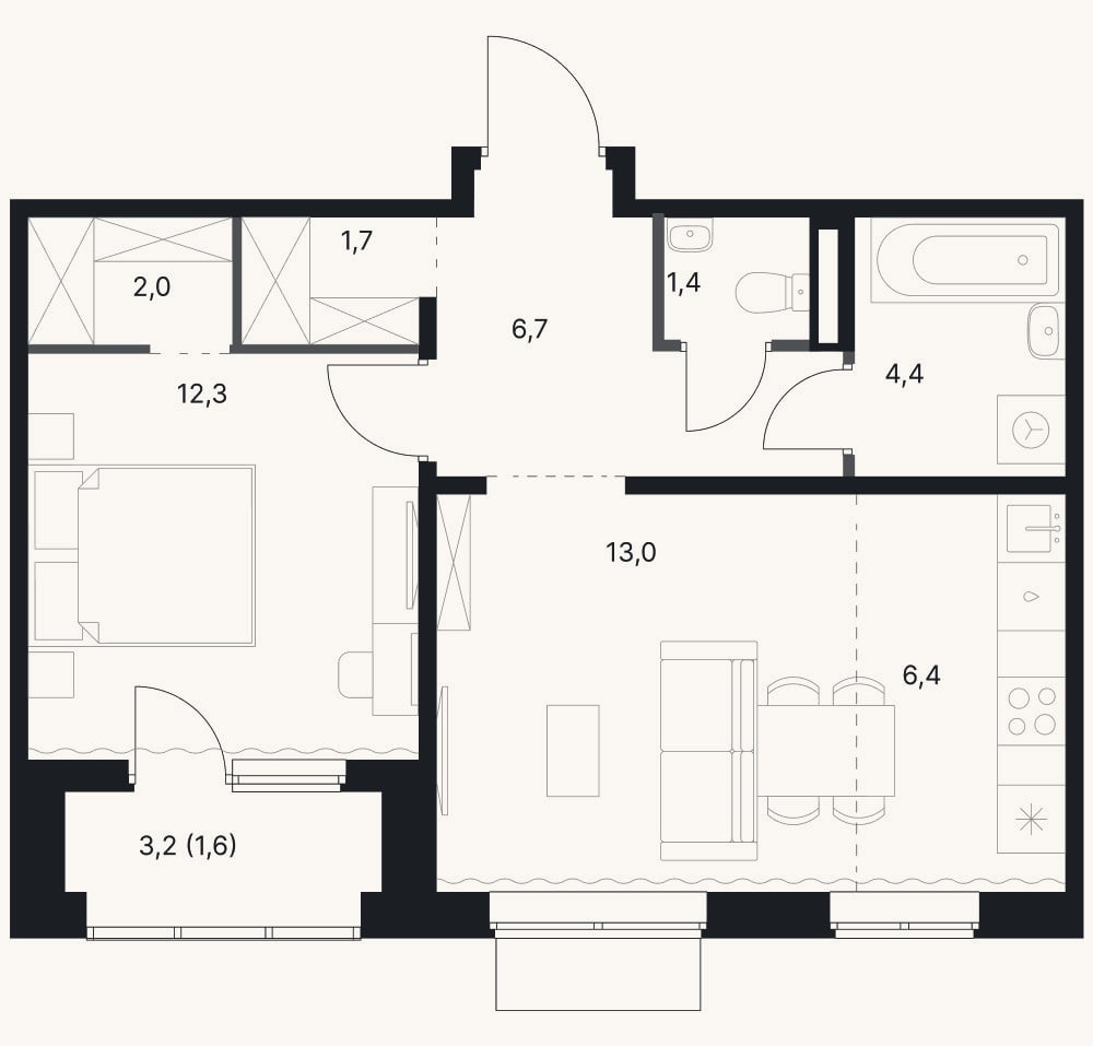 Планировка: 2-к, 47,9 м²