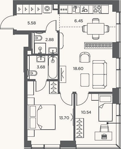 Планировка: 3-к, 61,4 м²