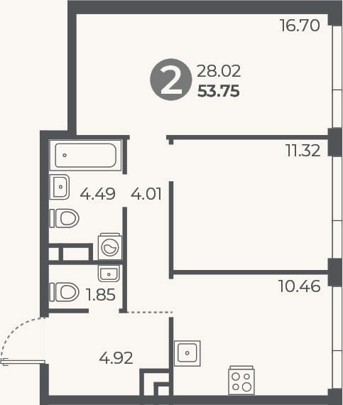 Планировка: 2-к, 53,8 м²