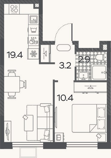 Планировка: 2-к, 35,9 м²