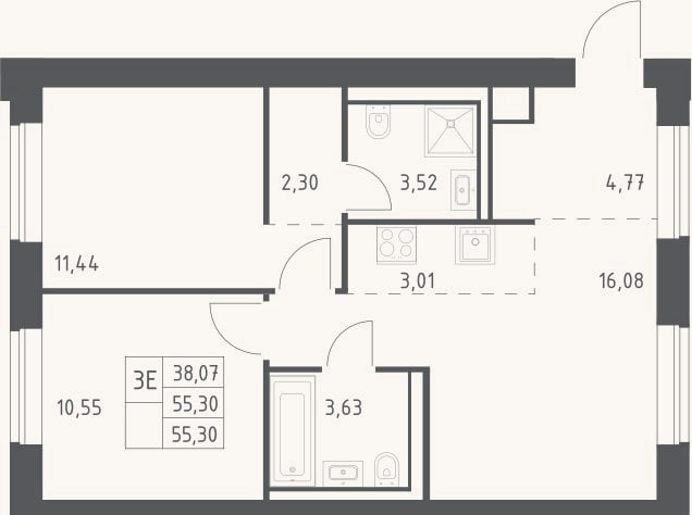 Планировка: 3-к, 55,3 м²