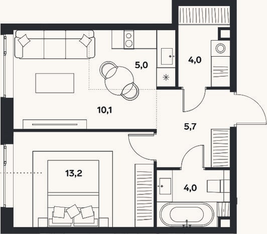 Планировка: 2-к, 42 м²