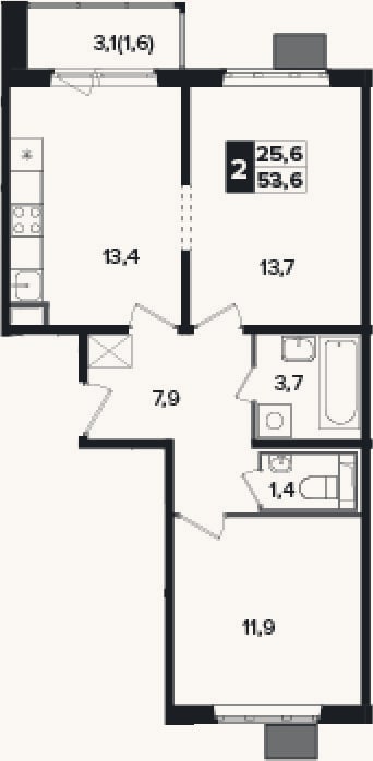 Планировка: 2-к, 52 м²