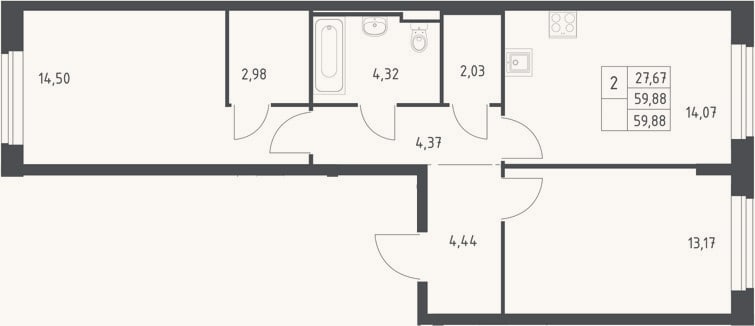 Планировка: 2-к, 59,9 м²