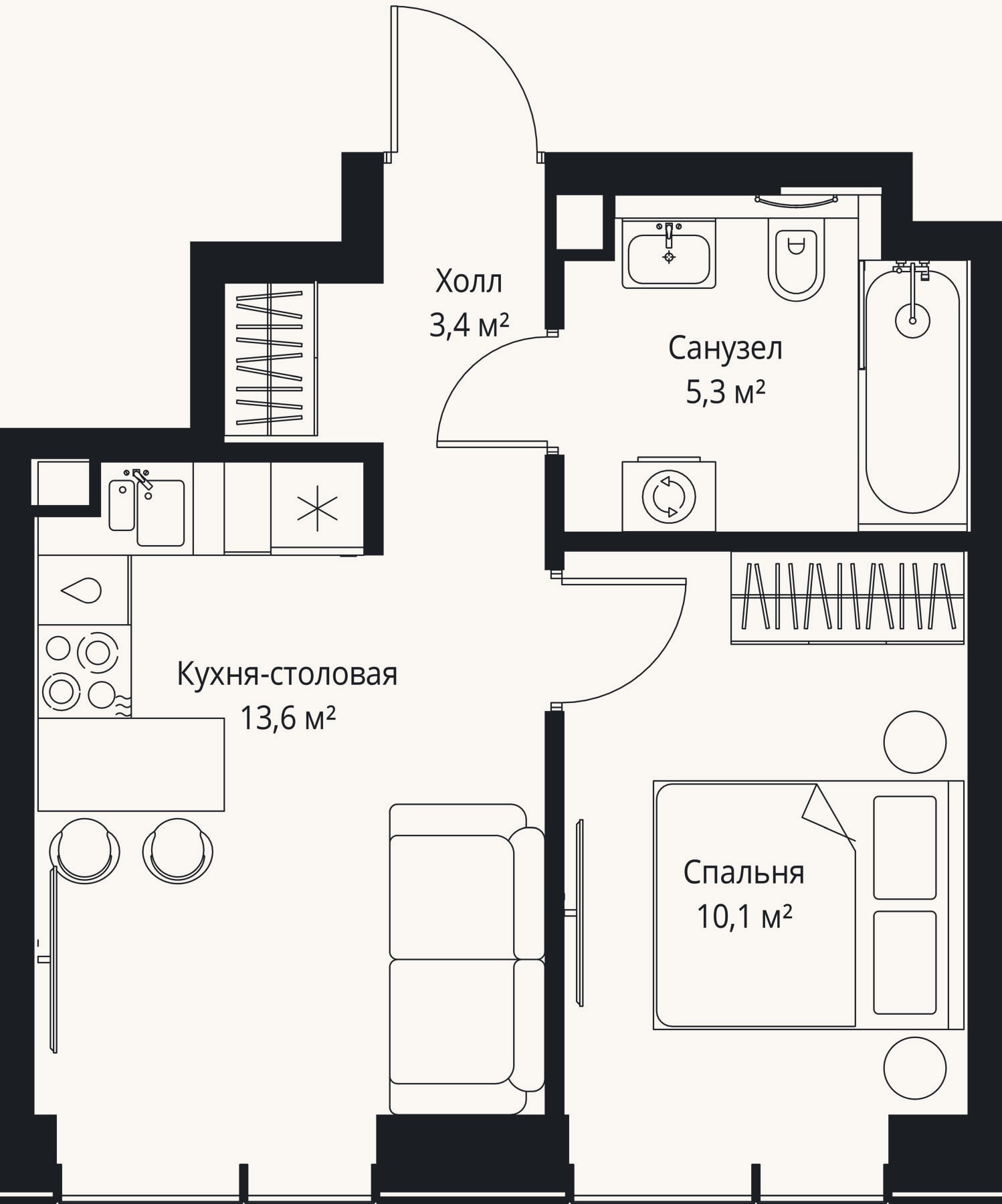 Планировка: 2-к, 32,4 м²