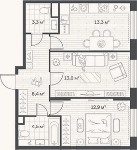 Планировка: 2-к, 56,2 м²