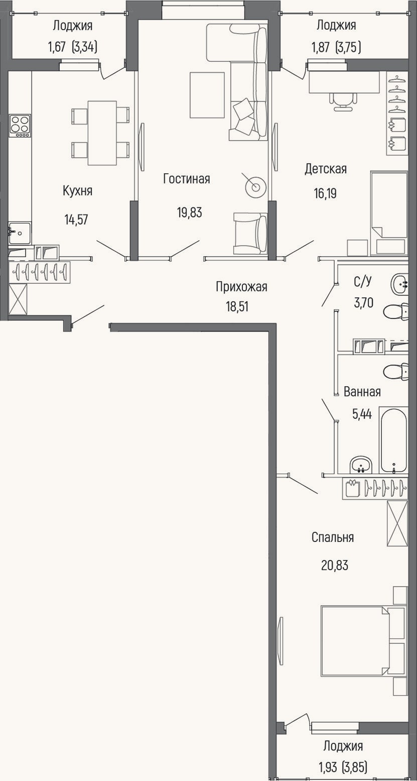 Планировка: 3-к, 99,1 м²