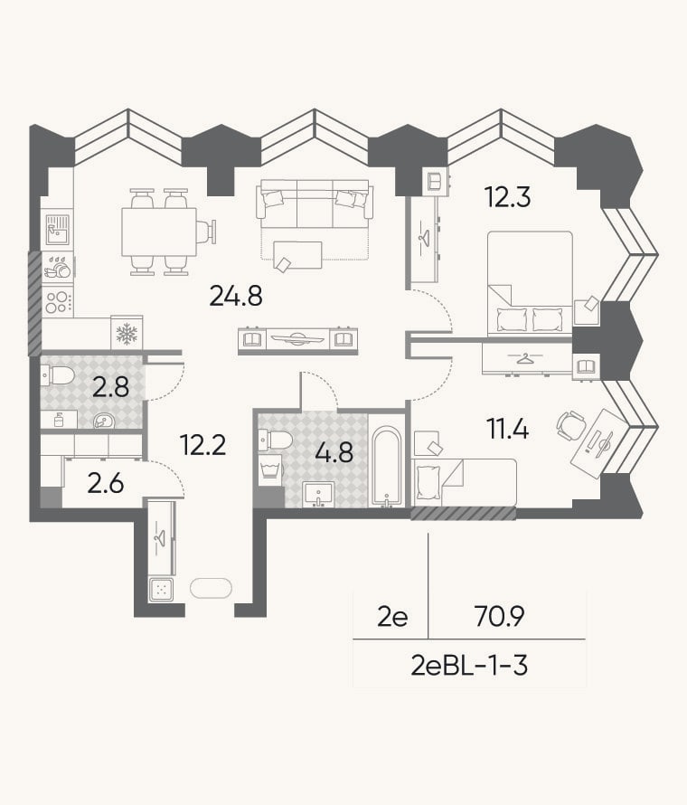 Планировка: 3-к, 70,9 м²