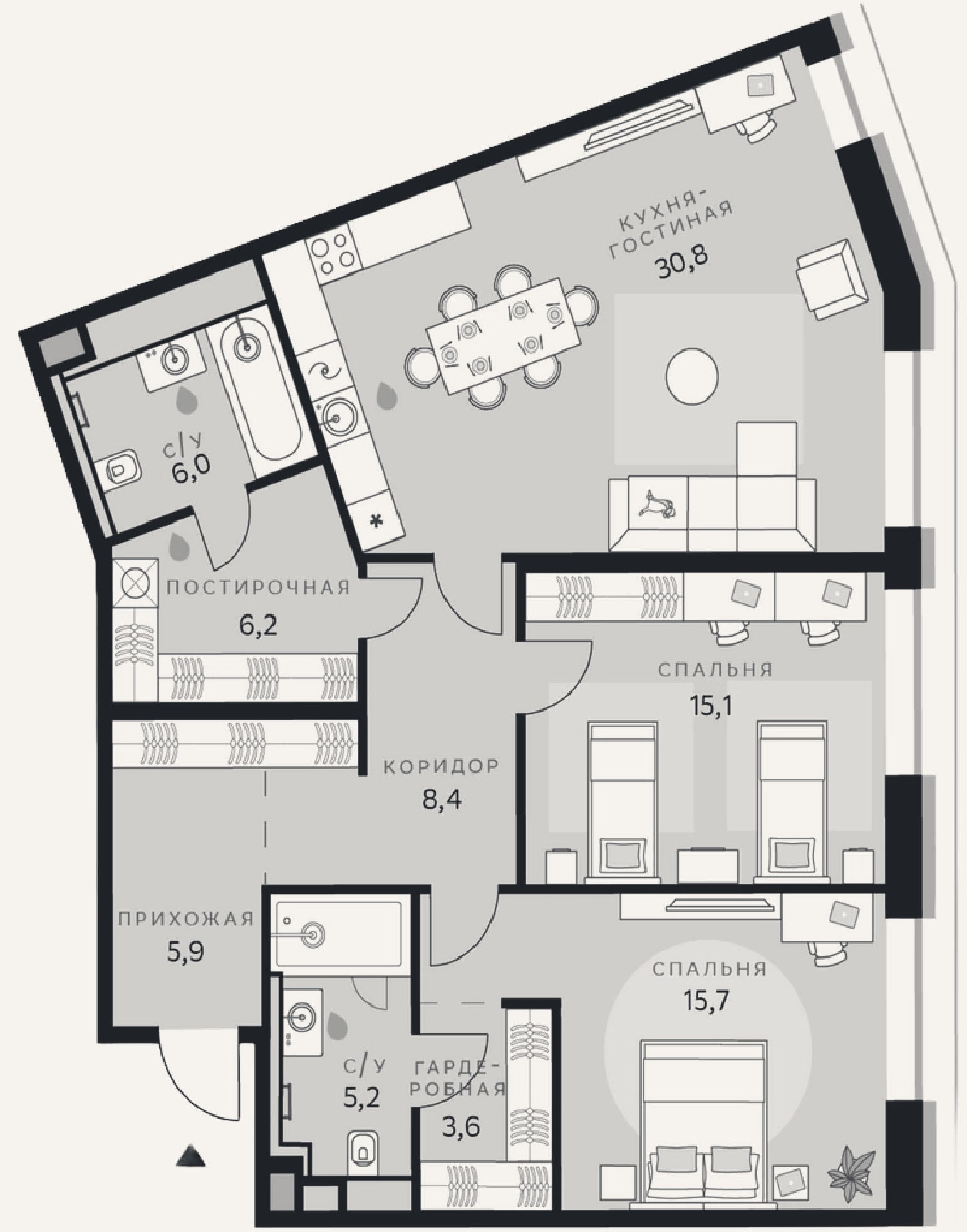 Планировка: 2-к, 96,2 м²