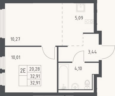 Планировка: 2-к, 32,9 м²