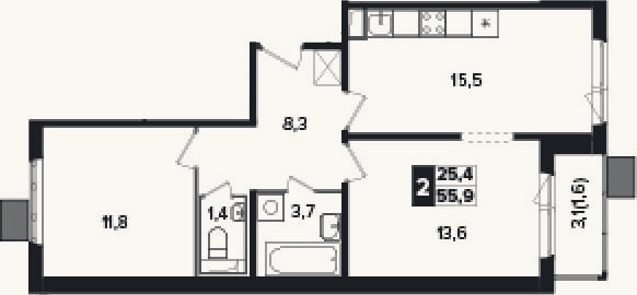 Планировка: 2-к, 54,3 м²