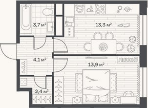 Планировка: 1-к, 37,4 м²
