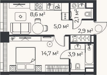 Планировка: 2-к, 37,2 м²