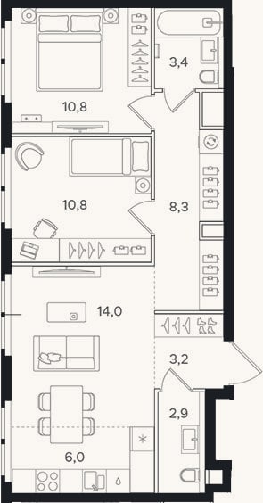 Планировка: 3-к, 59,4 м²