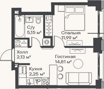 Планировка: 2-к, 36,3 м²