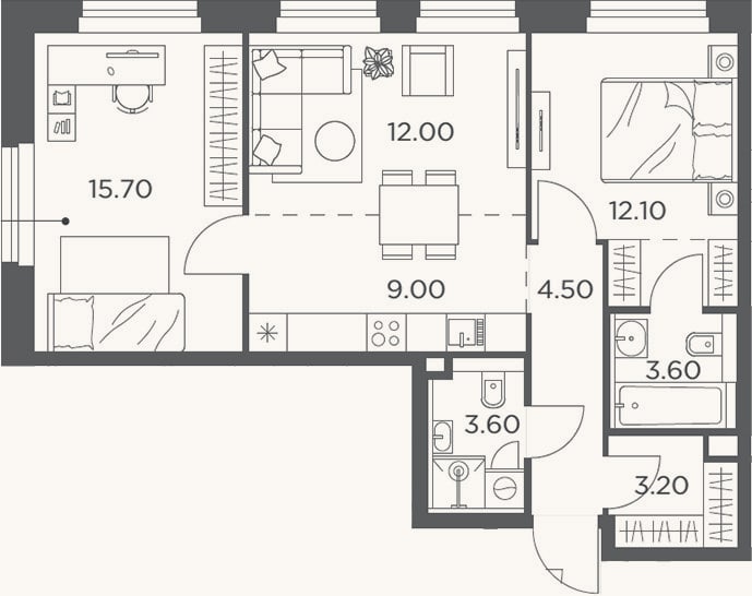 Планировка: 3-к, 63,7 м²