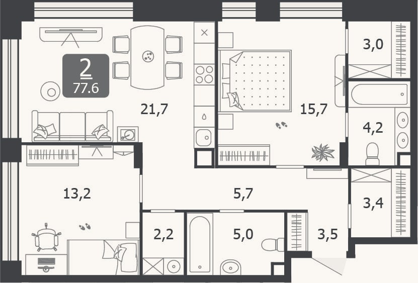 Планировка: 3-к, 77,6 м²