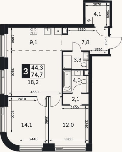 Планировка: 3-к, 74,7 м²