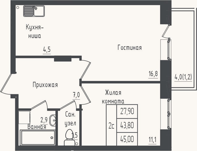 Планировка: 1-к, 43,8 м²