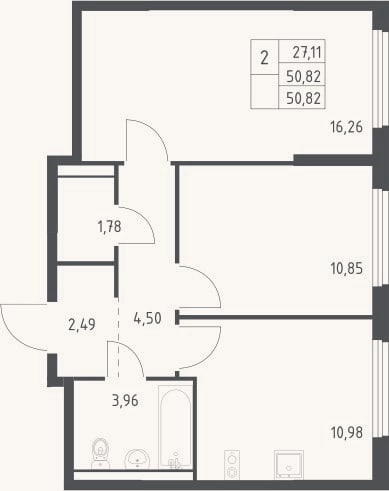 Планировка: 2-к, 50,8 м²