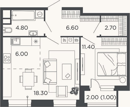Планировка: 2-к, 49,8 м²