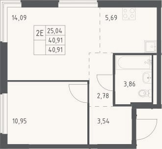 Планировка: 2-к, 40,9 м²