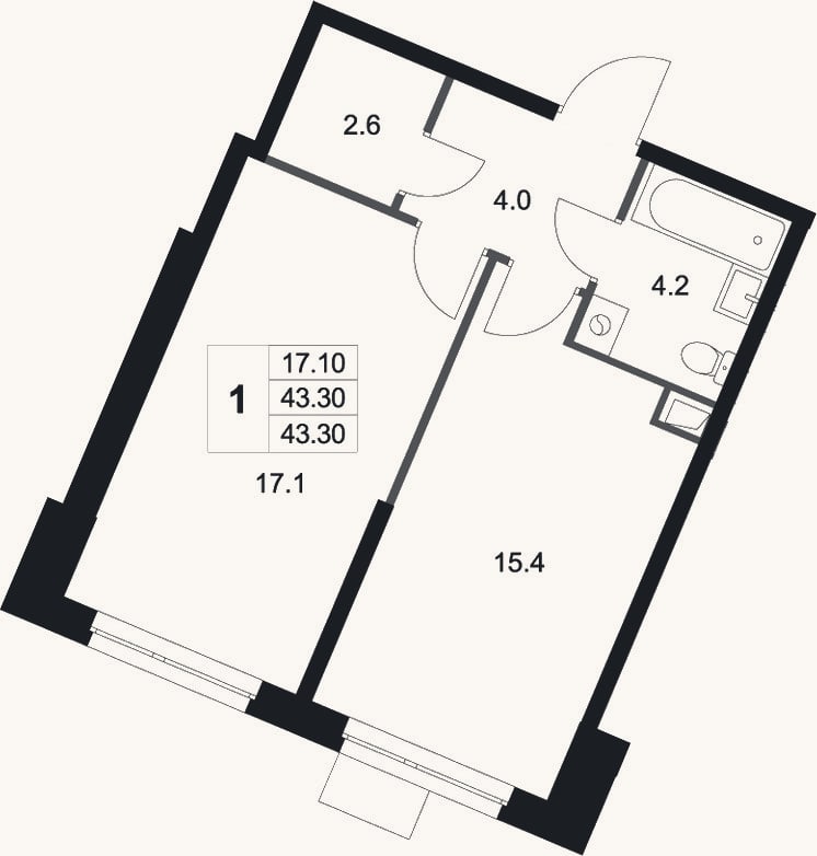 Планировка: 1-к, 43,3 м²