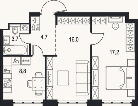 Планировка: 2-к, 50,4 м²