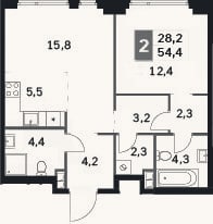 Планировка: 2-к, 54,4 м²