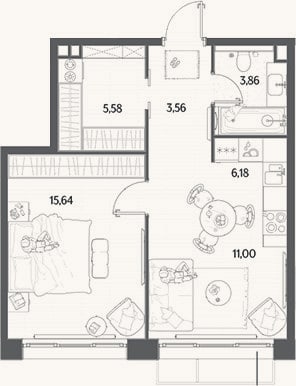 Планировка: 2-к, 45,8 м²