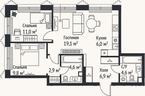 Планировка: 3-к, 64,9 м²