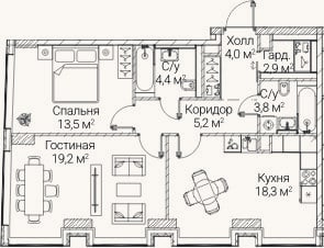 Планировка: 2-к, 71,3 м²